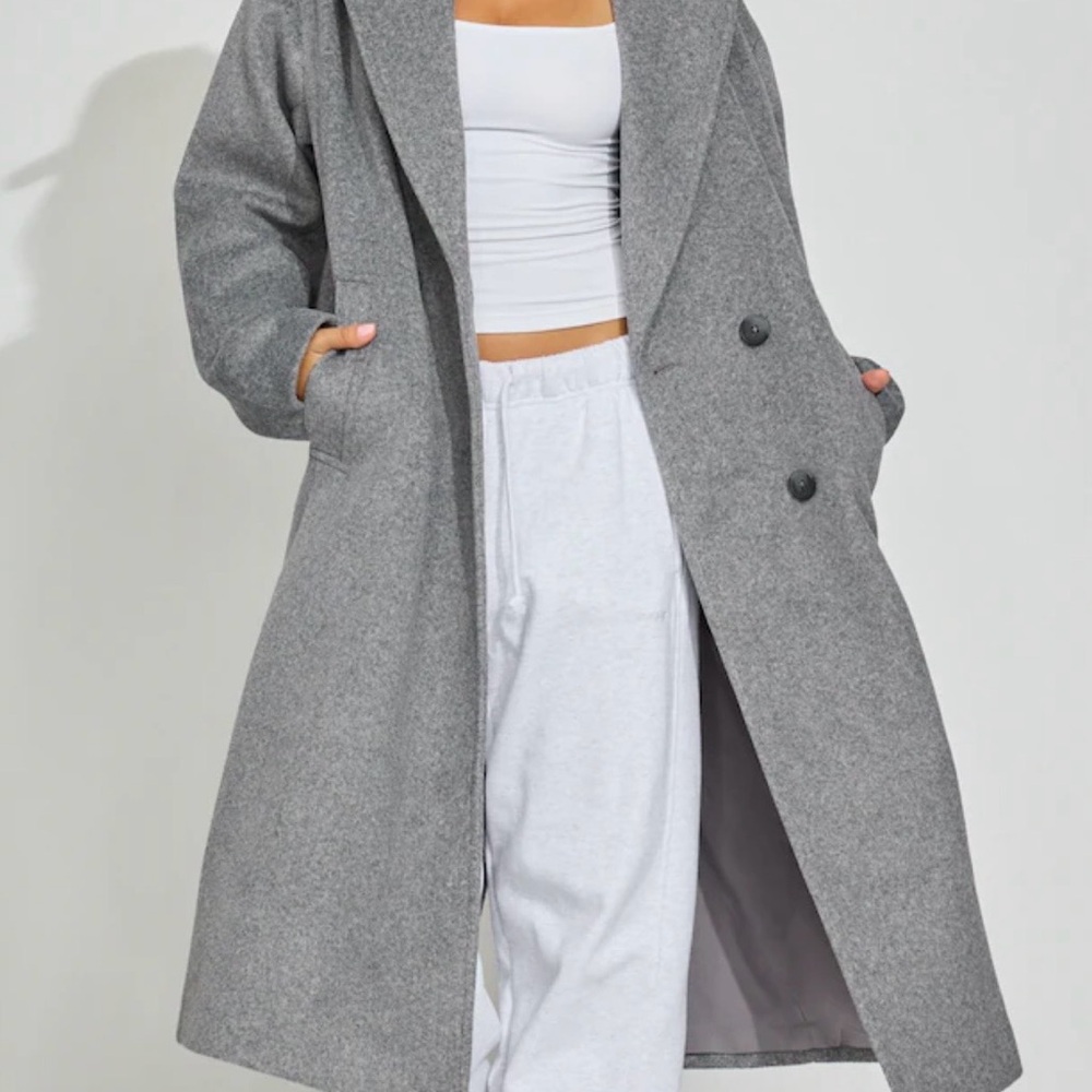 Women's Grey Long Trench Coat - Double-Breasted Wool-Look Outerwear
